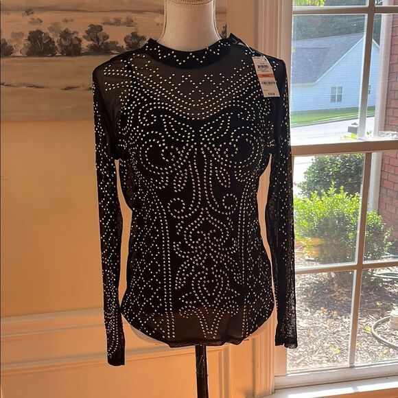 NWT INC International Concepts Black Silver Long Sleeve Studded Blouse - Picture 1 of 8